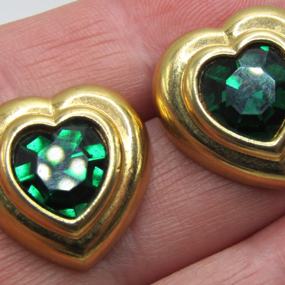 Vintage Gold Tone Heart Earrings Green Glass